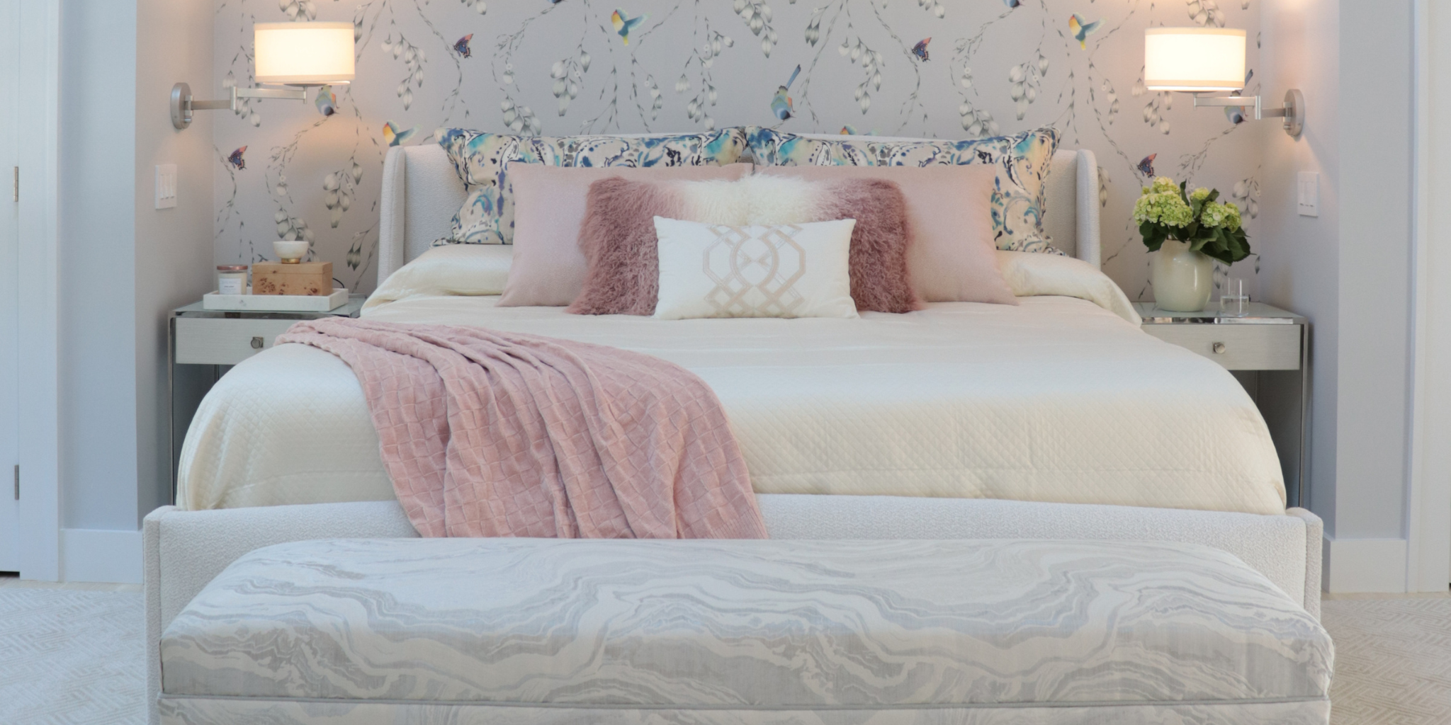 Custom bedding and bedroom interior design by Peppard Home + Interiors in Suffolk County, Long Island