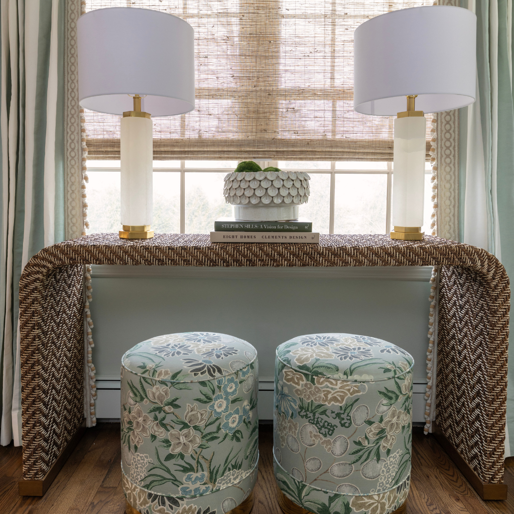 Custom upholstered stools and decorative table for interior design project in Huntington, NY