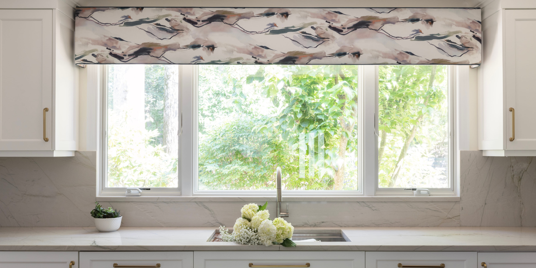 Custom upholstered valance over a kitchen window by Peppard Home + Interiors in Huntington, Long Island